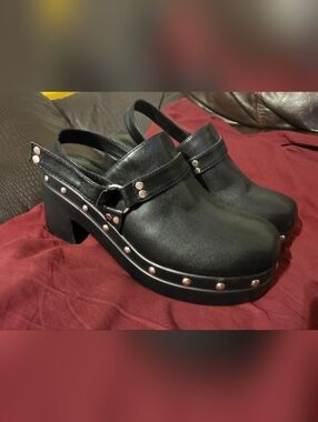 Black Studded Slingback Platform Clogs
